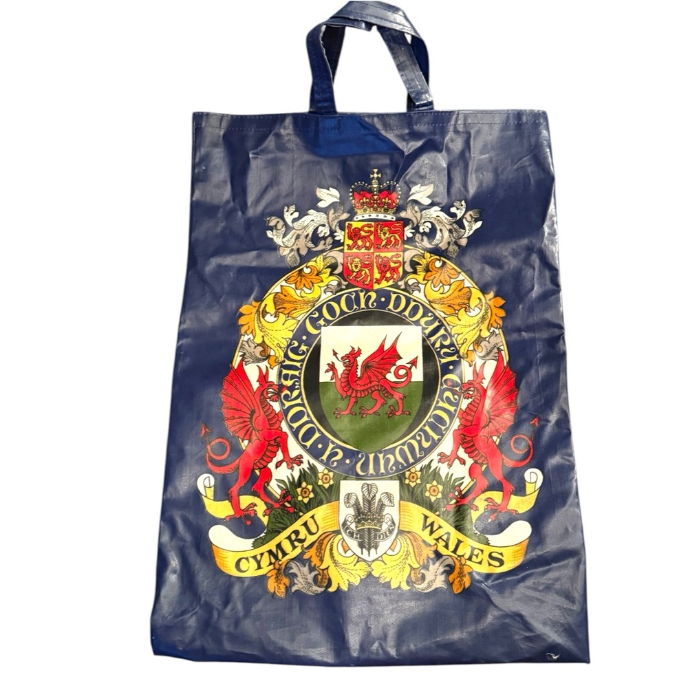 BLUE Wales waterproof Vintage Dragons, Flowers, Feathers and Shield TOTE BAG